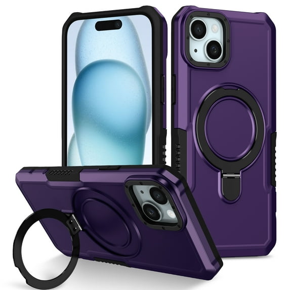 ELEHOLD Rugged Case for iPhone 14 Heavy Duty Case with Foldable Ring Holder Kickstand Function Non-Slip Military Grade Drop Protection Shockproof Cover for iPhone 14,darkpurple