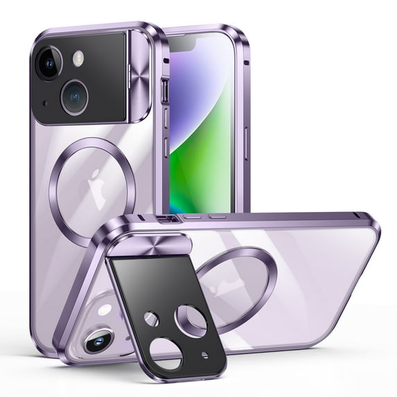 ELEHOLD Rugged Case for iPhone 14 Metal Aluminium Alloy Frame Case with Full Camera Cover Stand Clear PC Back Compatible with Magsafe Military Grade Shockproof Magnetic Case,purple