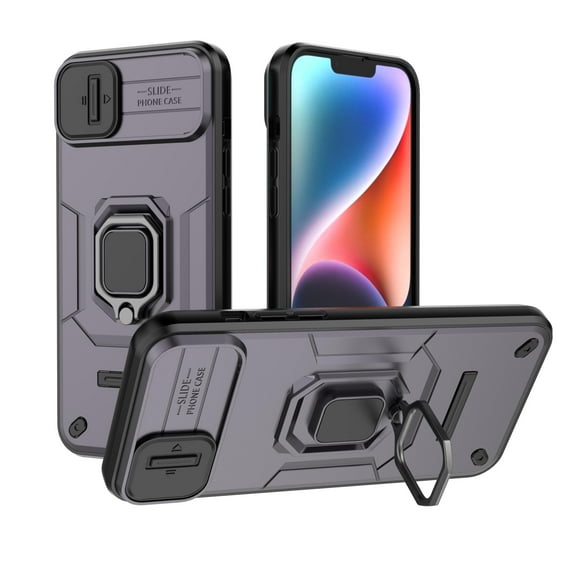 ELEHOLD Rugged Case for iPhone 15 Heavy Duty with Slide Camera Lens Protector Metal Ring Kickstand Hybrid PC + TPU Military Grade Shockproof Protection Case for iPhone 15 6.1",Purple