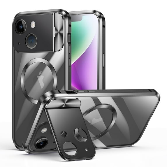 ELEHOLD Rugged Case for iPhone 15 Metal Aluminium Alloy Frame Case with Full Camera Cover Stand Clear PC Back Compatible with Magsafe Military Grade Shockproof Magnetic Case,black