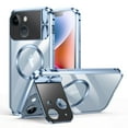 thumbnail image 1 of ELEHOLD Rugged Case for iPhone 15 Metal Aluminium Alloy Frame Case with Full Camera Cover Stand Clear PC Back Compatible with Magsafe Military Grade Shockproof Magnetic Case,blue, 1 of 7
