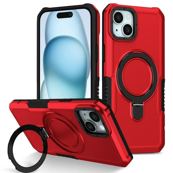 ELEHOLD Rugged Case for iPhone 15 Plus Heavy Duty Case with Foldable Ring Holder Kickstand Function Non-Slip Military Grade Drop Protection Shockproof Cover for iPhone 15 Plus,red