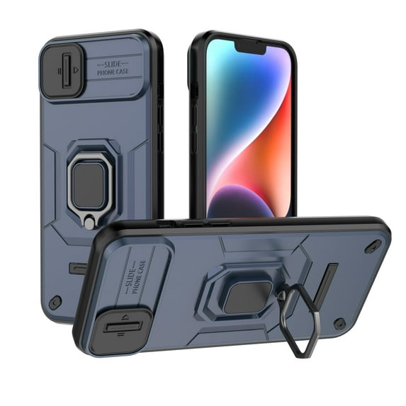 ELEHOLD Rugged Case for iPhone 15 Plus Heavy Duty with Slide Camera Lens Protector Metal Ring Kickstand Hybrid PC + TPU Military Grade Shockproof Protection Case for iPhone 15 Plus 6.7",Blue