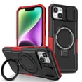 thumbnail image 1 of ELEHOLD Rugged Case for iPhone 15 Plus with Sliding Camera Lens Cover Rotation Ring Holder Stand Function Compatible with MagSafe Shockproof Cover for iPhone 15 Plus - Black+Red, 1 of 10