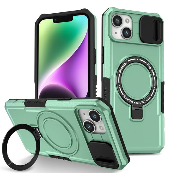 ELEHOLD Rugged Case for iPhone 15 Plus with Sliding Camera Lens Cover Rotation Ring Holder Stand Function Compatible with MagSafe Shockproof Cover for iPhone 15 Plus - Lightgreen
