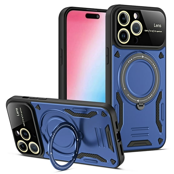 ELEHOLD Rugged Case for iPhone 15 Pro Case with 360°Rotation Ring Holder Kickstand Lens Protection Hybrid PC+TPU Military Grade Non-Slip Shockproof Protective Case,darkblue