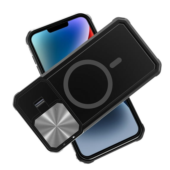 ELEHOLD Rugged Case for iPhone 15 Pro 6.1 Inch with Folding Camera Lens Protector Cover Kickstand Function Compatible with Mag Safe Magnetic Shockproof Case for iPhone 15 Pro,Black