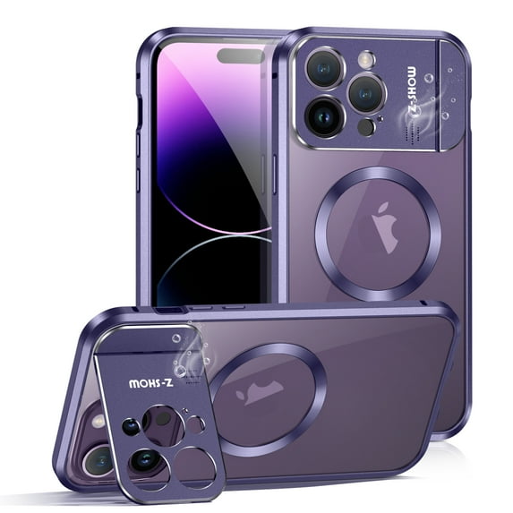 ELEHOLD Rugged Case for iPhone 15 Pro Aluminum Alloy Metal Case with Acrylic Clear Back Camera Lens Protective Cover Invisible Bracket Stand Magnetic MagSafe Heavy Duty Shockproof Case,purple
