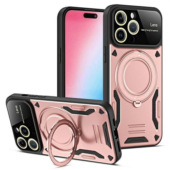 ELEHOLD Rugged Case for iPhone 15 Pro Case with 360°Rotation Ring Holder Kickstand Lens Protection Hybrid PC+TPU Military Grade Non-Slip Shockproof Protective Case,rosegold