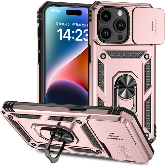 ELEHOLD Rugged Case for iPhone 15 Pro Heavy Duty Case with Slide Camera Lens Cover 360° Rotation Ring Holder Kickstand Magnetic Shockproof Protective Case for iPhone 15 Pro, Rosegold