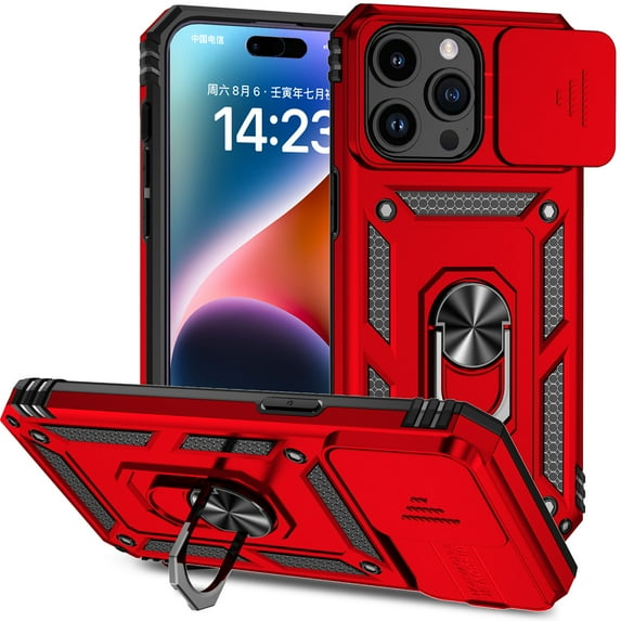 ELEHOLD Rugged Case for iPhone 15 Pro Heavy Duty Case with Slide Camera Lens Cover 360° Rotation Ring Holder Kickstand Magnetic Shockproof Protective Case for iPhone 15 Pro, Red