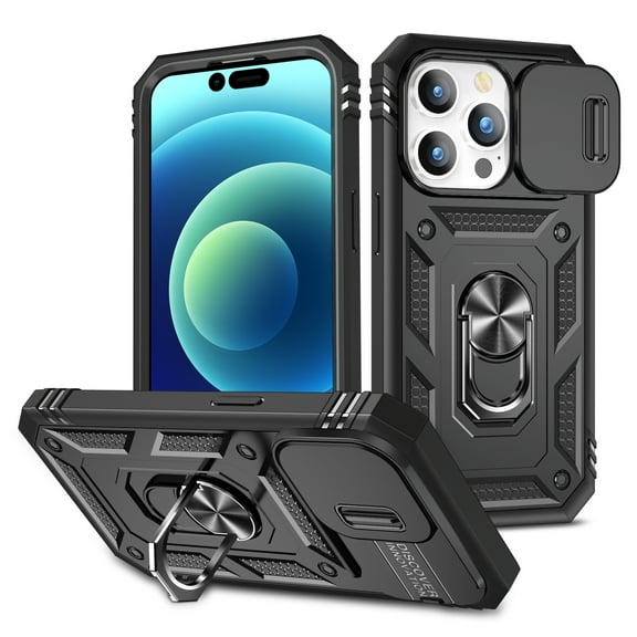 ELEHOLD Rugged Case for iPhone 15 Pro,Heavy Duty Hybrid Camera Lens Protector 360° Rotation Ring Holder Card Slot Kickstand Function Anti-Slip Shockproof Armor Case for iPhone 15 Pro,Black