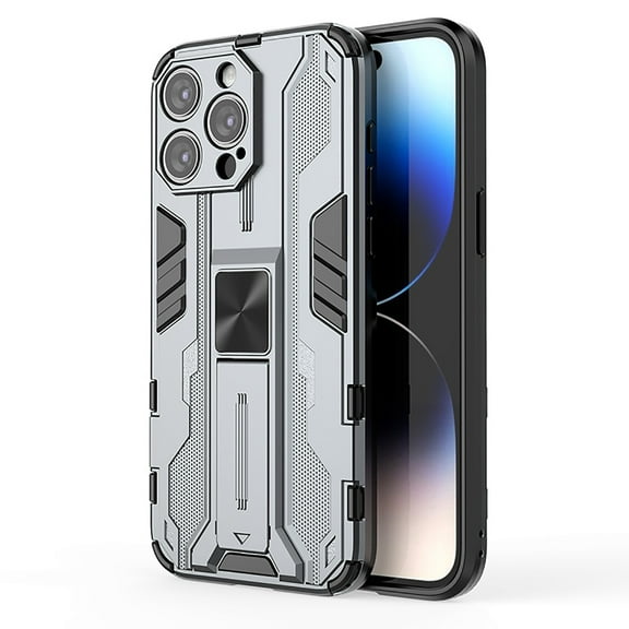ELEHOLD Rugged Case for iPhone 15 Pro,Hybrid Case with Built-in Hidden Bracket Kickstand Function Slim Fit Non-Slip Shockproof Case for iPhone 15 Pro 6.1",Gray