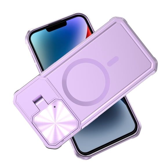 ELEHOLD Rugged Case for iPhone 15 Pro Max 6.7 Inch with Folding Camera Lens Protector Cover Kickstand Function Compatible with Mag Safe Magnetic Shockproof Case for iPhone 15 Pro Max,Purple