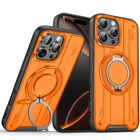 ELEHOLD Rugged Case For iPhone 15 Pro Max Air Cushion Shockproof Magnetic Protective Phone Cover, MagSafe Compatible, with 360° Rotable Stand, Orange