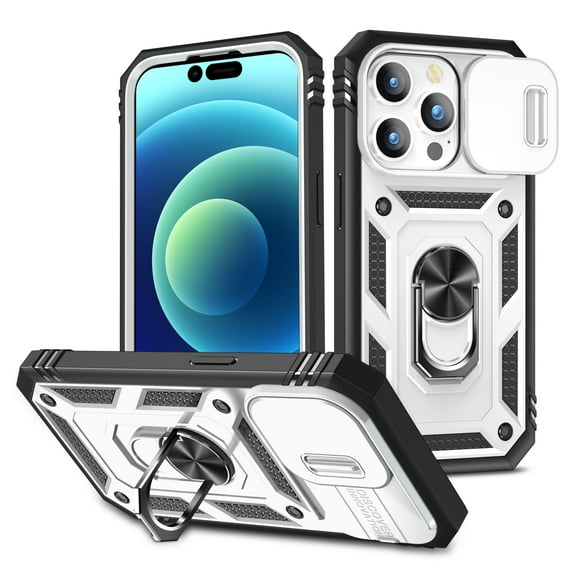 ELEHOLD Rugged Case for iPhone 15 Pro Max,Heavy Duty Hybrid Camera Lens Protector 360° Rotation Ring Holder Card Slot Kickstand Function Anti-Slip Shockproof Armor Case,White+Black
