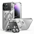 thumbnail image 1 of ELEHOLD Rugged Case for iPhone 15 Pro Max Metal Aluminium Alloy Frame Case with Full Camera Cover Stand Clear PC Back Compatible with Magsafe Military Grade Shockproof Magnetic Case,silver, 1 of 7