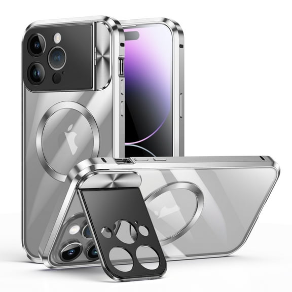 ELEHOLD Rugged Case for iPhone 15 Pro Max Metal Aluminium Alloy Frame Case with Full Camera Cover Stand Clear PC Back Compatible with Magsafe Military Grade Shockproof Magnetic Case,silver