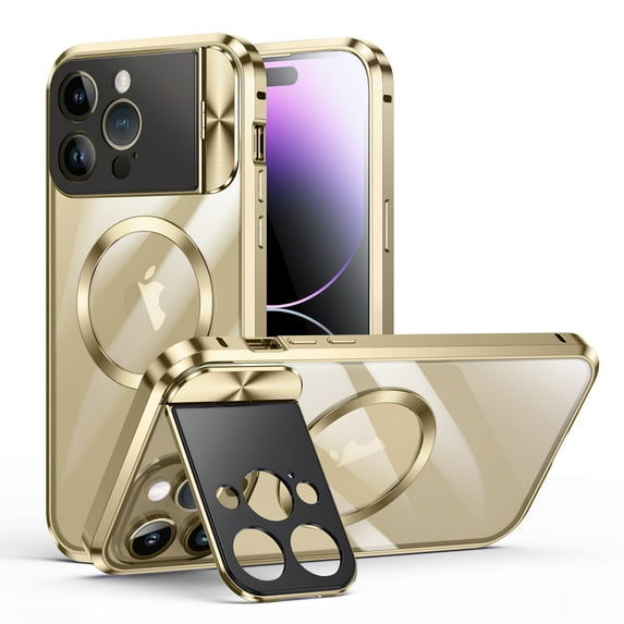 ELEHOLD Rugged Case for iPhone 15 Pro Max Metal Aluminium Alloy Frame Case with Full Camera Cover Stand Clear PC Back Compatible with Magsafe Military Grade Shockproof Magnetic Case,gold