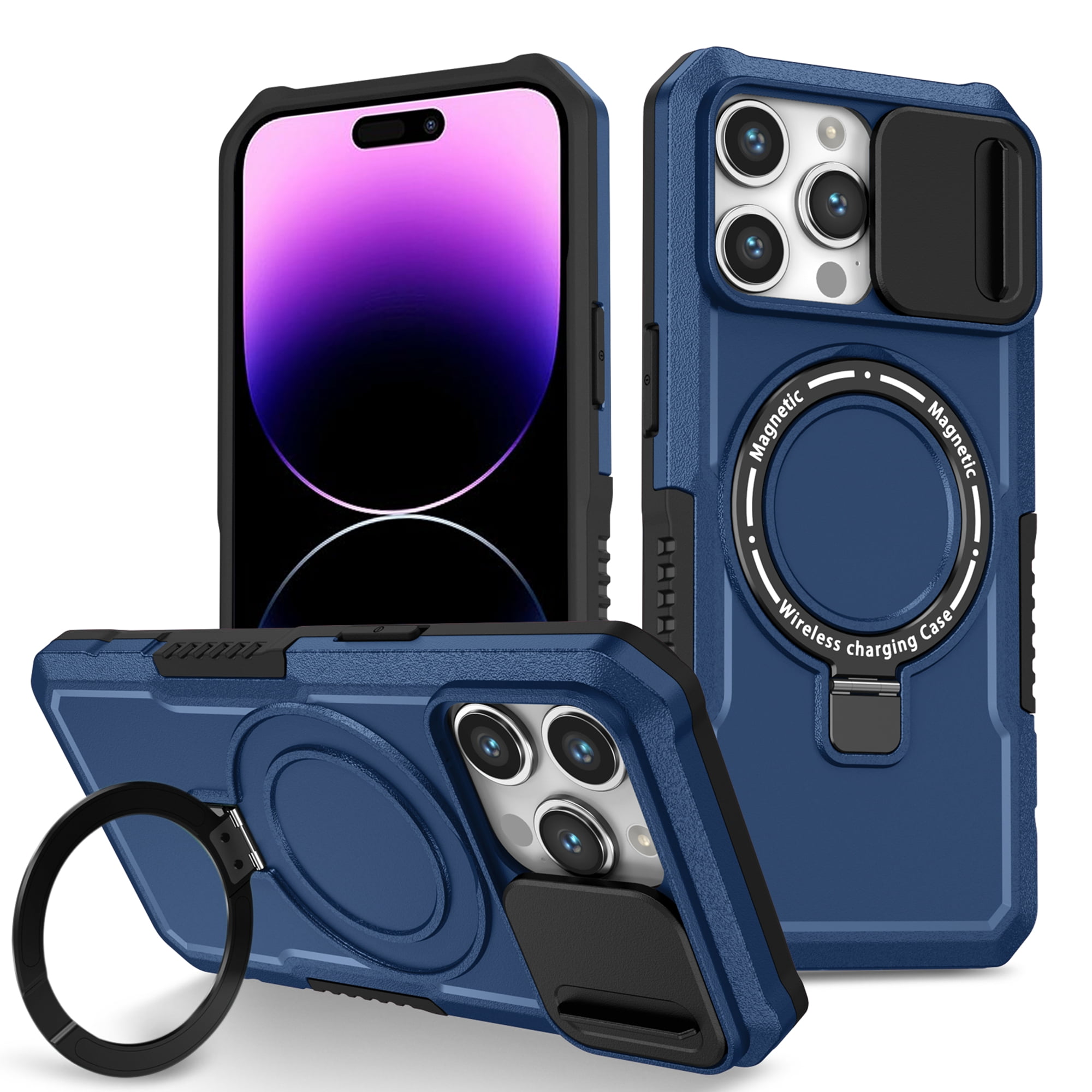 Elehold Rugged Case For Iphone 15 Pro Max With Sliding Camera Lens Cover Rotation Ring Holder 8063