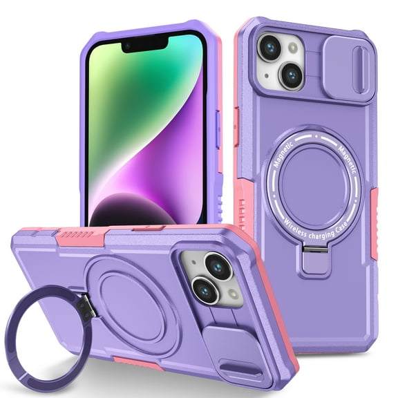ELEHOLD Rugged Case for iPhone 15 with Sliding Camera Lens Cover Rotation Ring Holder Stand Function Compatible with MagSafe Shockproof Cover for iPhone 15 6.1 Inch - Purple