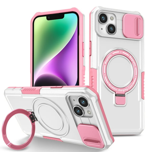 ELEHOLD Rugged Case for iPhone 15 with Sliding Camera Lens Cover Rotation Ring Holder Stand Function Compatible with MagSafe Shockproof Cover for iPhone 15 6.1 Inch - White+Pink