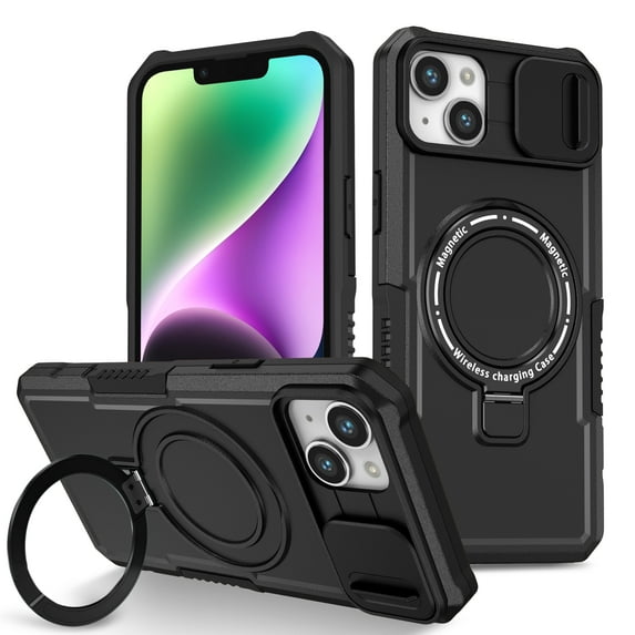 ELEHOLD Rugged Case for iPhone 15 with Sliding Camera Lens Cover Rotation Ring Holder Stand Function Compatible with MagSafe Shockproof Cover for iPhone 15 6.1 Inch - Black