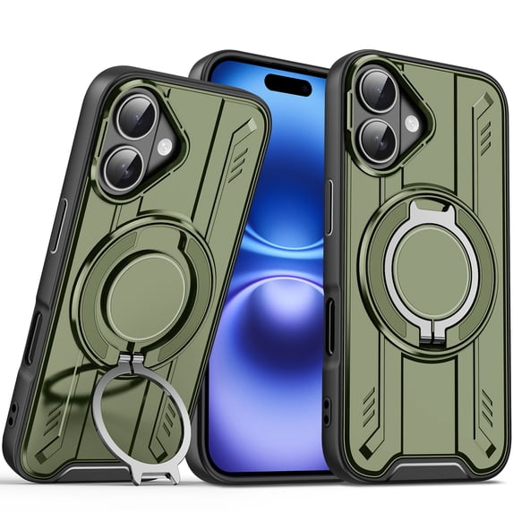 ELEHOLD Rugged Case For iPhone 16 Plus Air Cushion Shockproof Magnetic Protective Phone Cover, MagSafe Compatible, with 360° Rotable Stand, Armygreen