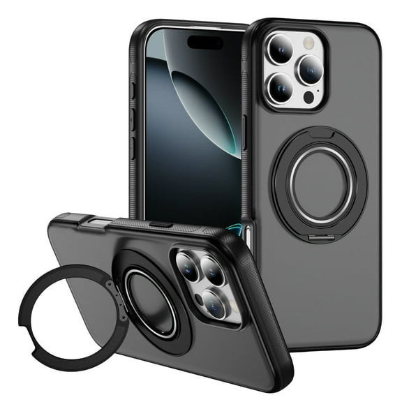 ELEHOLD Rugged Case For iPhone 16 Pro with 360° Magnetic Kickstand, Shock-Absorbent Matte PC+TPU Back Cover Anti-Fingerprint Wireless Charging Non-Slip Protective Shell, Black