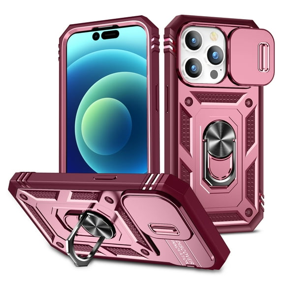 ELEHOLD Rugged Case for iPhone 16 Pro Max,Heavy Duty Hybrid Camera Lens Protector 360° Rotation Ring Holder Card Slot Kickstand Function Anti-Slip Shockproof Armor Case,Pink+Red