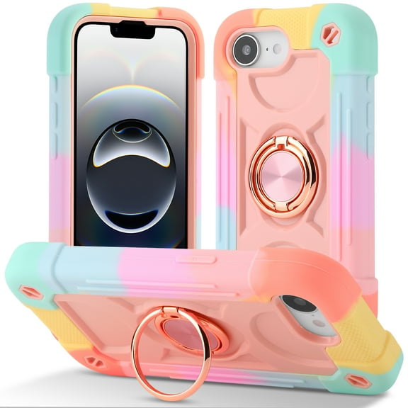 ELEHOLD Rugged Case for iPhone 16e 2025, with 360° Rotation Ring Stand, Military Grade Drop Shockproof Protection Full Body Heavy Duty Case for iPhone 16e 2025,Colorful Rosegold
