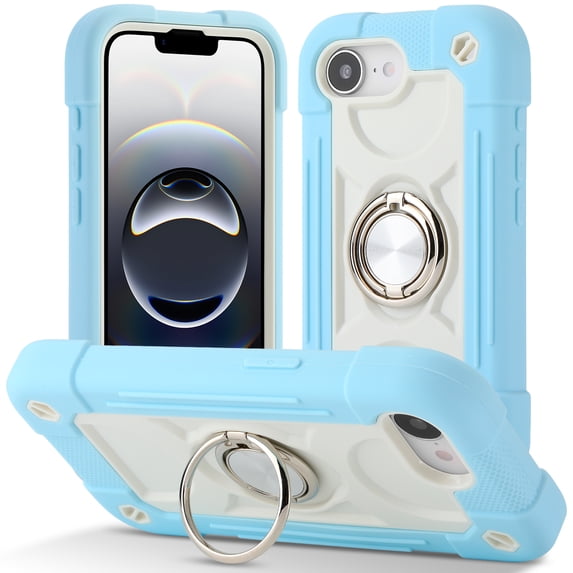 ELEHOLD Rugged Case for iPhone 16e 2025, with 360° Rotation Ring Stand, Military Grade Drop Shockproof Protection Full Body Heavy Duty Case for iPhone 16e 2025,Lightblue