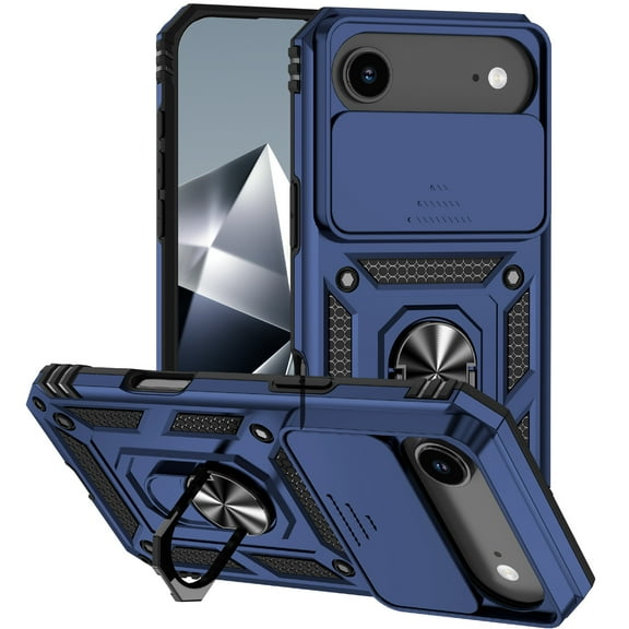 ELEHOLD Rugged Case for iPhone 17 Air Heavy Duty Case with Slide Camera Lens Cover 360° Rotation Ring Holder Kickstand Magnetic Shockproof Protective Case for iPhone 17 Air,Blue