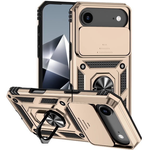 ELEHOLD Rugged Case for iPhone 17 Air Heavy Duty Case with Slide Camera Lens Cover 360° Rotation Ring Holder Kickstand Magnetic Shockproof Protective Case for iPhone 17 Air,Gold