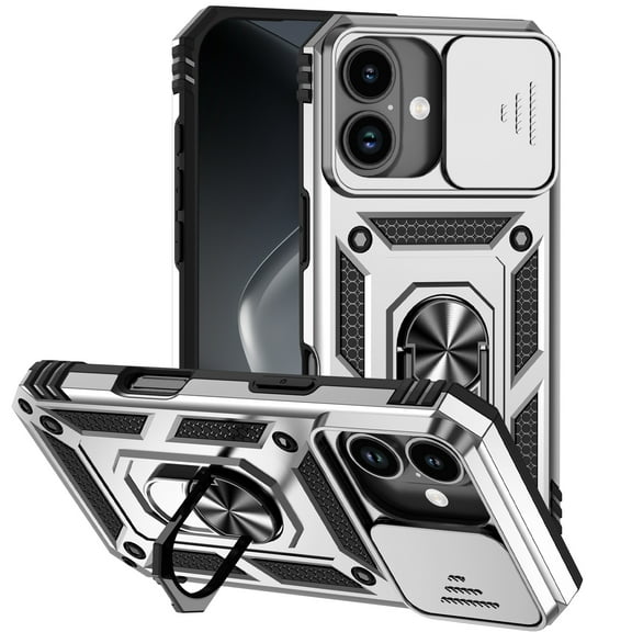 ELEHOLD Rugged Case for iPhone 17 Heavy Duty Case with Slide Camera Lens Cover 360° Rotation Ring Holder Kickstand Magnetic Shockproof Protective Case for iPhone 17,Silver