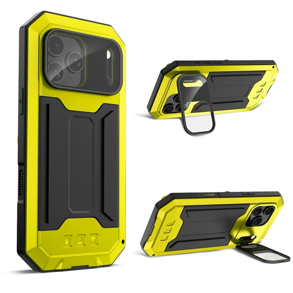 ELEHOLD Rugged Case for iPhone 17 Pro with Flip Camera Protection Built-in Screen Protector Hidden Kickstand Military Grade Shockproof Anti-Scratch Heavy Duty Full Body Case, Yellow