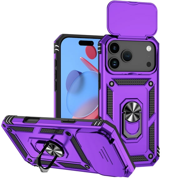 ELEHOLD Rugged Case for iPhone 17 Pro Heavy Duty Case with Slide Camera Lens Cover 360° Rotation Ring Holder Kickstand Magnetic Shockproof Protective Case for iPhone 17 Pro,Purple