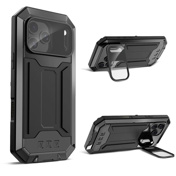 ELEHOLD Rugged Case for iPhone 17 Pro Max with Flip Camera Protection Built-in Screen Protector Hidden Kickstand Military Grade Shockproof Anti-Scratch Heavy Duty Full Body Case, Black