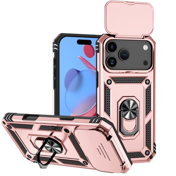 ELEHOLD Rugged Case for iPhone 17 Pro Max Heavy Duty Case with Slide Camera Lens Cover 360° Rotation Ring Holder Kickstand Magnetic Shockproof Protective Case for iPhone 17 Pro Max,Rosegold