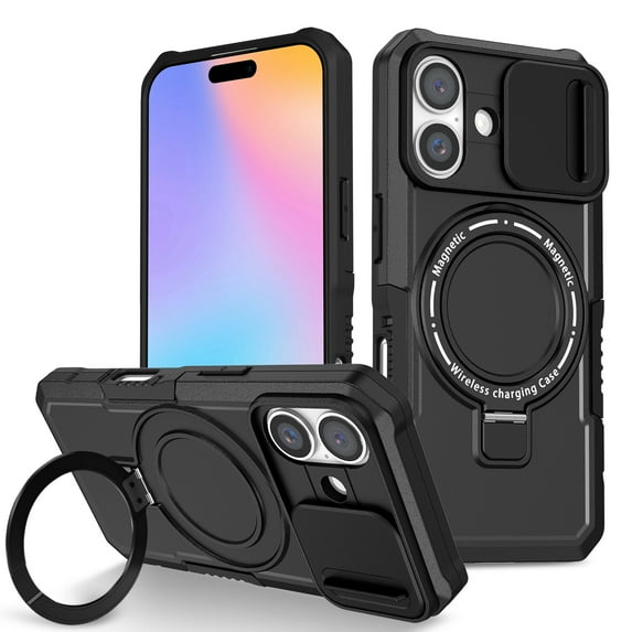 ELEHOLD Rugged Case for iPhone 17 with Sliding Camera Lens Cover Rotation Ring Holder Stand Function Compatible with Mag Safe Shockproof Cover for iPhone 17 - Black