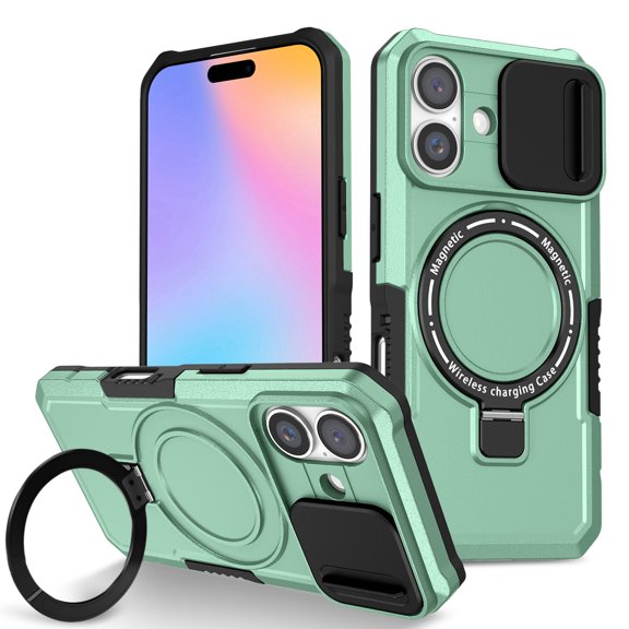 ELEHOLD Rugged Case for iPhone 17 with Sliding Camera Lens Cover Rotation Ring Holder Stand Function Compatible with Mag Safe Shockproof Cover for iPhone 17  - Lightgreen