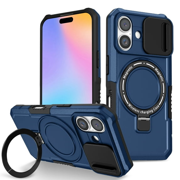 ELEHOLD Rugged Case for iPhone 17 with Sliding Camera Lens Cover Rotation Ring Holder Stand Function Compatible with Mag Safe Shockproof Cover for iPhone 17 - Royalblue