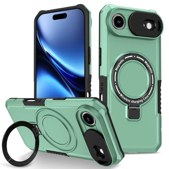 ELEHOLD Rugged Case for iPhone Air with Sliding Camera Lens Cover Rotation Ring Holder Stand Function Compatible with Mag Safe Shockproof Cover for iPhone Air  - Lightgreen