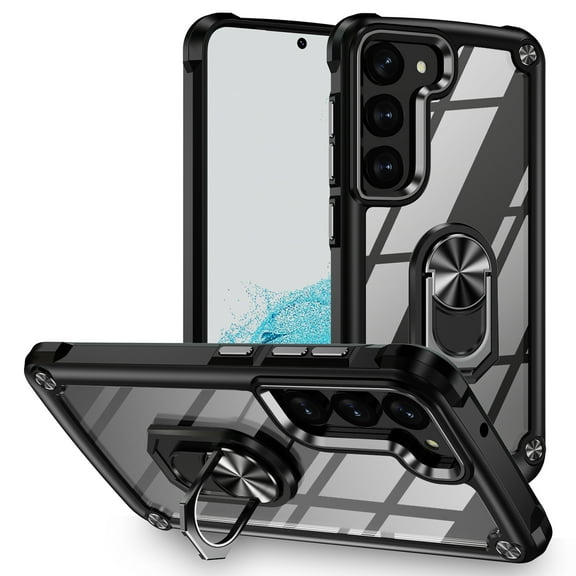 ELEHOLD Rugged Clear Case for Samsung Galaxy S23 6.1" Hybrid Hard PC Crystal Clear Back+Soft TPU Shockproof Design Slim Lightweight Case with Metal Ring Holder Kickstand for Samsung S23,Black