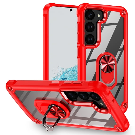 ELEHOLD Rugged Clear Case for Samsung Galaxy S23 6.1" Hybrid Hard PC Crystal Clear Back+Soft TPU Shockproof Design Slim Lightweight Case with Metal Ring Holder Kickstand for Samsung S23,Red