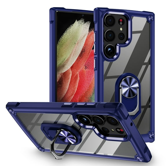 ELEHOLD Rugged Clear Case for Samsung Galaxy S23 Ultra 6.8" Hybrid Hard PC Crystal Clear Back+Soft TPU Shockproof Design Slim Case with Metal Ring Holder Kickstand for Samsung S23 Ultra,Blue
