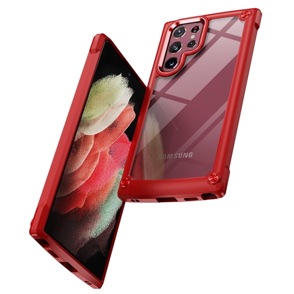ELEHOLD Rugged Clear Case for Samsung Galaxy S23 Ultra 6.8" Hybrid Hard PC Crystal Clear Back+Soft TPU Shockproof Design Slim Lightweight Support Wireless Charging - Red