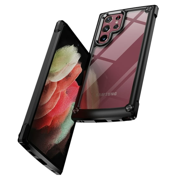 ELEHOLD Rugged Clear Case for Samsung Galaxy S23 Ultra 6.8" Hybrid Hard PC Crystal Clear Back+Soft TPU Shockproof Design Slim Lightweight Support Wireless Charging - Black
