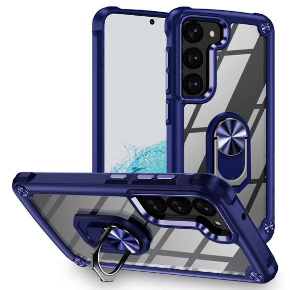 ELEHOLD Rugged Clear Case for Samsung Galaxy S24 Hybrid Hard PC Crystal Clear Back+Soft TPU Shockproof Design Slim Lightweight Case with Metal Ring Holder Kickstand for Samsung S24,Blue