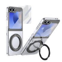 ELEHOLD Rugged Clear Case for Samsung Galaxy Z Flip 6/Flip 7 FE With Screen Protector, Transparent Non-Slip Ring Kickstand Lightweight Shock-Absorbent Rugged Magnetic Case Cover, Black